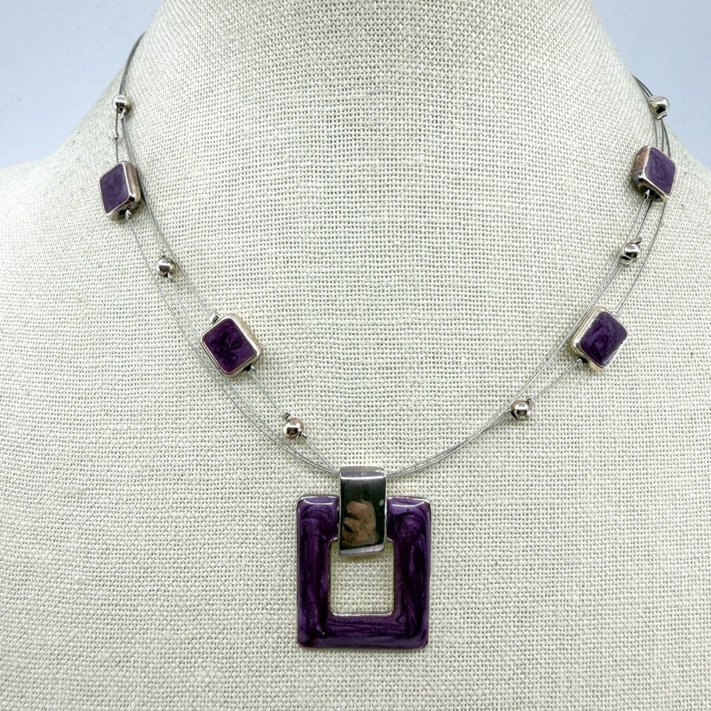 New York & Co Purple Enamel Square Statement Necklace Geometric Layered Idea Y2K